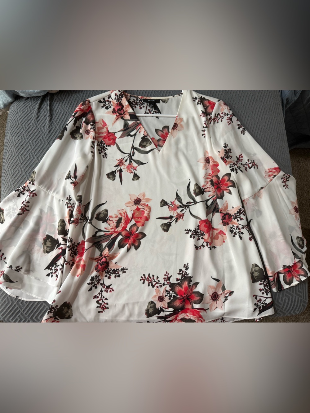 Alfani White Floral V-Neck Blouse with Pink & Red Blooms